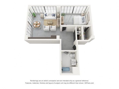 Floor plan for 1 bed, 1 bath, 691 sqft